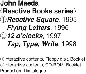 John Maeda〈Reactive Books series〉①Reactive Square, 1995 Flying Letters, 1996 ②12 o’clocks, 1997 Tap, Type, Write, 1998 ①Interactive contents, Floppy disk, Booklet ②Interactive contents, CD-ROM, Booklet Production: Digitalogue
